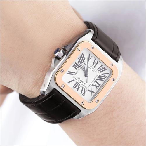 卡地亚山度士系列18k玫瑰金精钢自动机械女表w20107x7