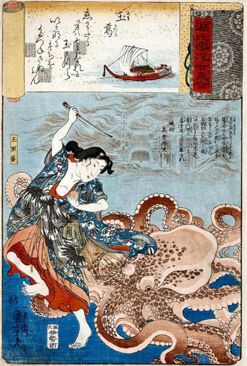 大蛸から玉を夺おうとする海女の姿を描いている.