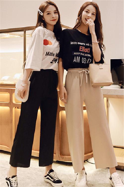 2019新款潮韩版学生闺蜜装印花短袖宽松t恤女中长款两件套装
