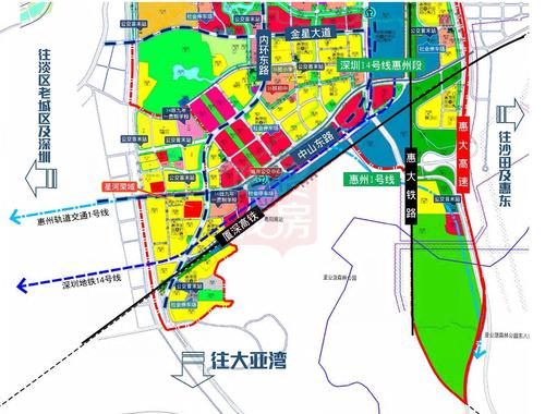 开城站到达项目附近的惠州南站;另一条是惠州轨道交通1号线,从惠城区