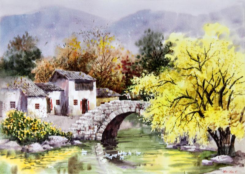 水彩画手绘原作 名家作品出售 水彩风景画 家乡的小河 收藏送礼1