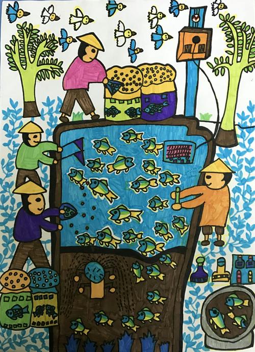 儿童画《快乐的渔夫和小鱼》——通过她的画笔,可以感受到小鱼儿的