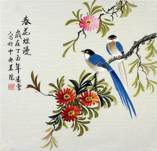 春花烂漫国画喜鹊凌雪纯手绘花鸟工笔画真迹画芯客餐厅斗方装饰画