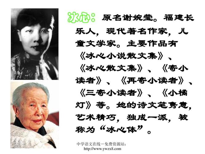 冰心:原名谢婉莹.福建长 乐人,现代著名作家,儿 童文学家.