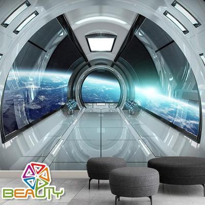 3d科幻太空舱墙纸遨游儿童房卧室背景宇宙星空主题ktv壁纸网咖