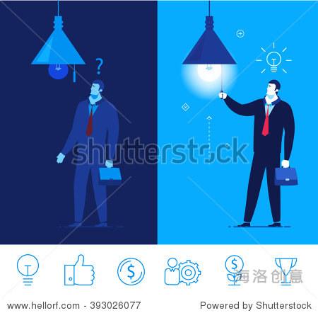 businessman turns on the light and idea comes. vector clipart.