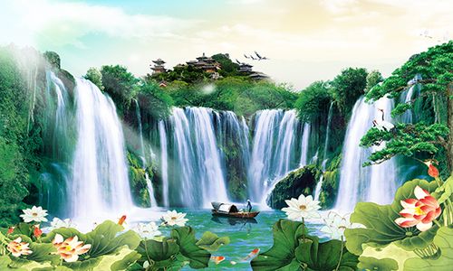 流水生财山水瀑布风景自然山水风景画沙发背景客厅装饰画f9468c