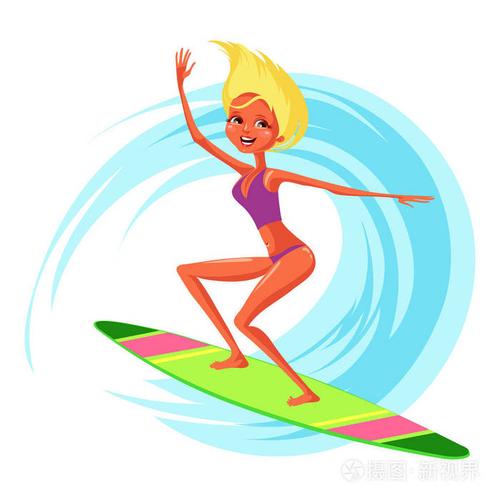 可爱的快乐卡通女孩冲浪在蓝色的海洋