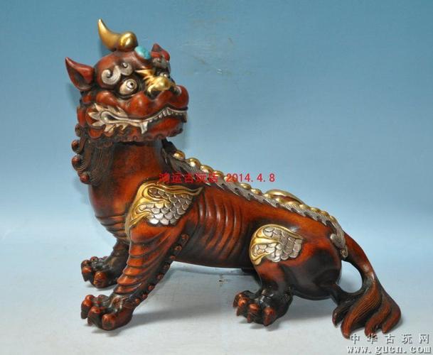 紫铜鎏金搓银独角瑞兽摆件