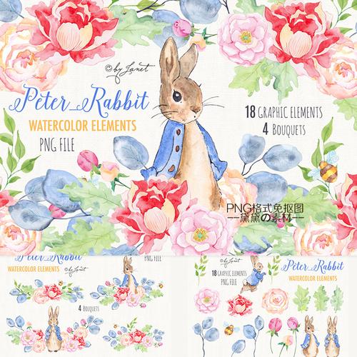 水彩手绘森系彼得兔花朵花束叶子png高清图片设计素材