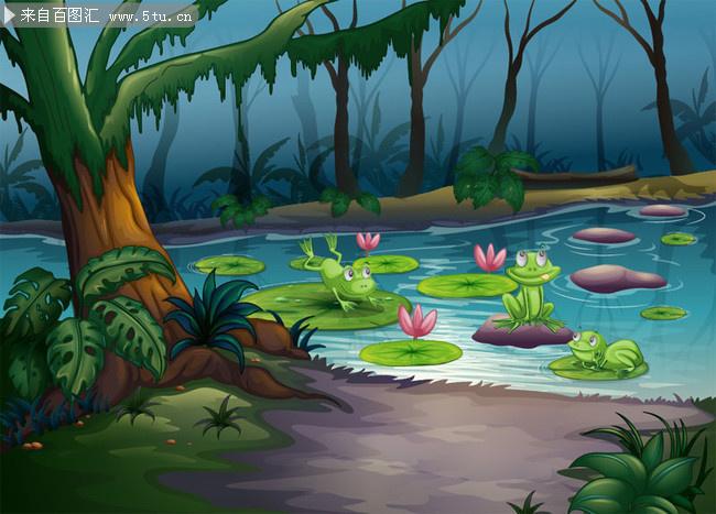 卡通森林风景青蛙池塘插画