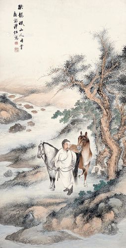 溥佐《人马图》 立轴 设色纸本 溥佐《人马图》 立轴 设色纸本;山患