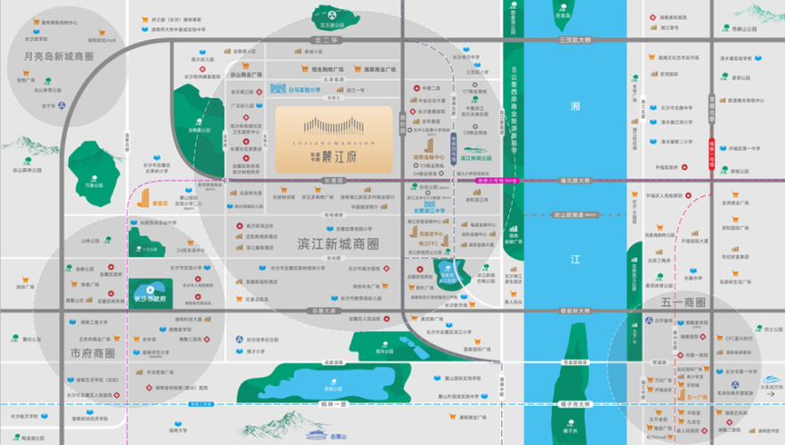 坐落于银杉路与长望路交叉口西北侧的轨道中建麓江府,地处滨江北中心