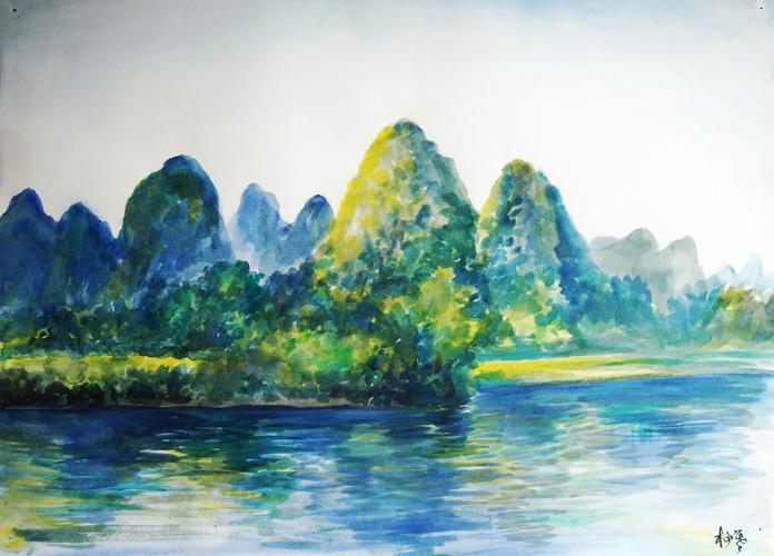 水彩风景·《漓江山峰》