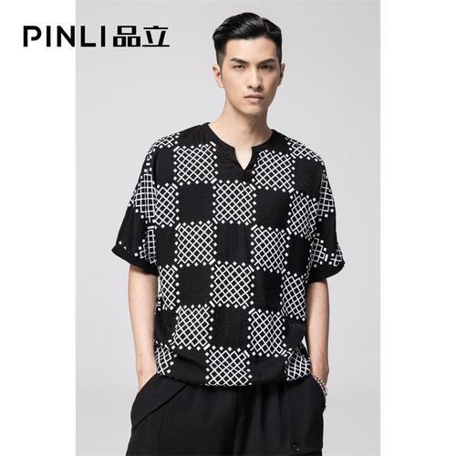 pinli品立夏季几何印花格子t恤痞帅黑暗风v领短袖t恤