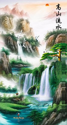 j11531x中式山水瀑布湖泊亭子仙鹤太阳渔船黄绿色玄关