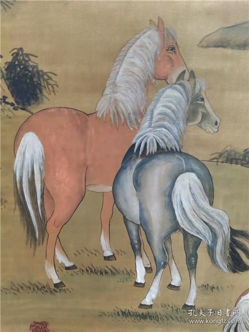 旧藏四尺绢布中堂画《郎世宁马》纯手绘3h 210x82cm