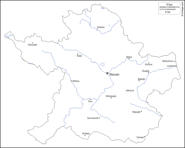 欧洲 爱尔兰 米斯郡 大纲, 水文学, 主要城市, 名称 白色 地图 米斯郡