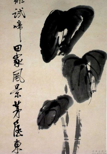 王梦白 芋叶雏鸡轴