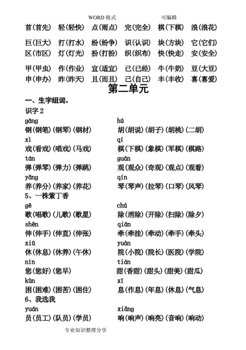 二年级上语文词语表(组词,多音字,形近字等)(装订版).