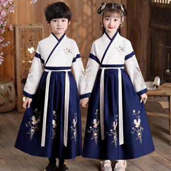 服女童秋季新款古装襦裙小学生汉服三字经演出服 云飞鹤藏青色直袖