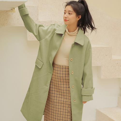 2019秋冬新款chic中长款宽松抹茶绿毛呢大衣女过膝学生呢子外套潮