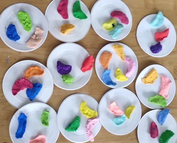 准备材料:盘子,彩泥(饺子皮),毛线(饺子馅)