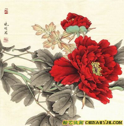 美术常识频道>>>工笔紫红牡丹的画法      浓曙红分两次平涂花头,局部