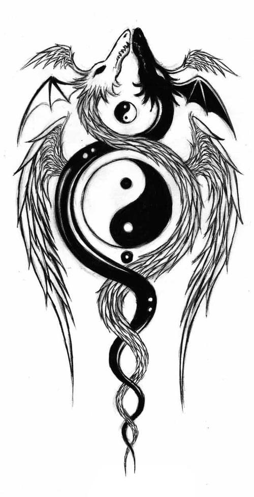 黑色线条素描霸气精致飞龙阴阳八卦纹身手稿