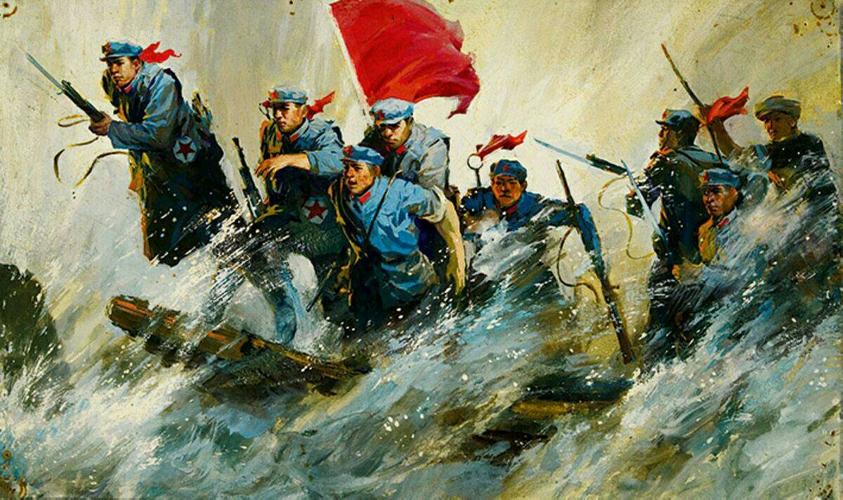 铁索横江蒙险阻,顽敌踞岸遇击拦. 枪林弹雨狙风暴,炮火纷飞卷雾岚.