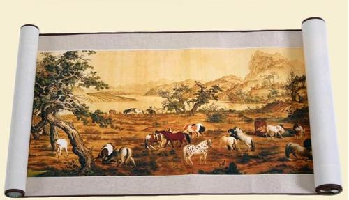 字画 国画 郎世宁百骏图 商务礼品 绢本高清全彩 手卷装饰画 包邮
