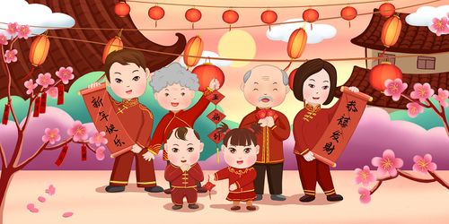 全家福插画鼠年插画春节插画新年插画卡通手绘暖色系新年全家拜年插画