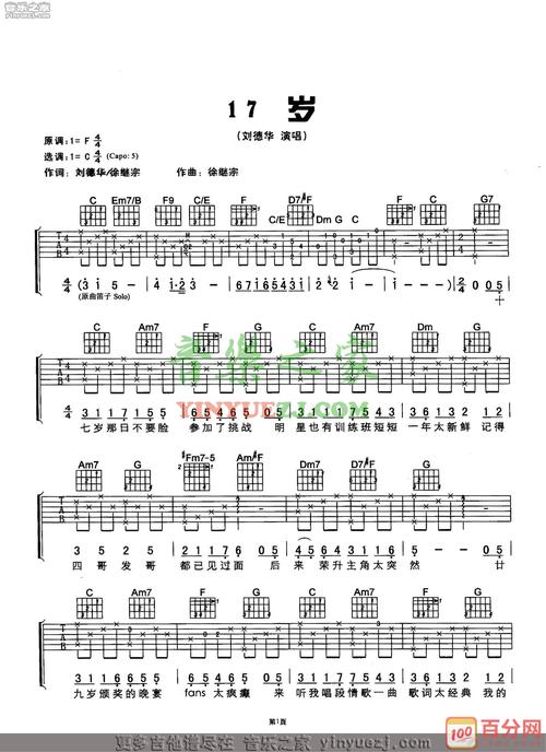 刘德华17岁吉他谱及歌词