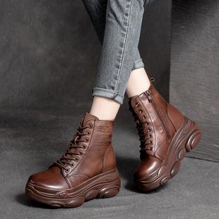 2021秋冬新款真皮松糕底皮靴子系带短靴高跟轻便防水台女靴马丁靴