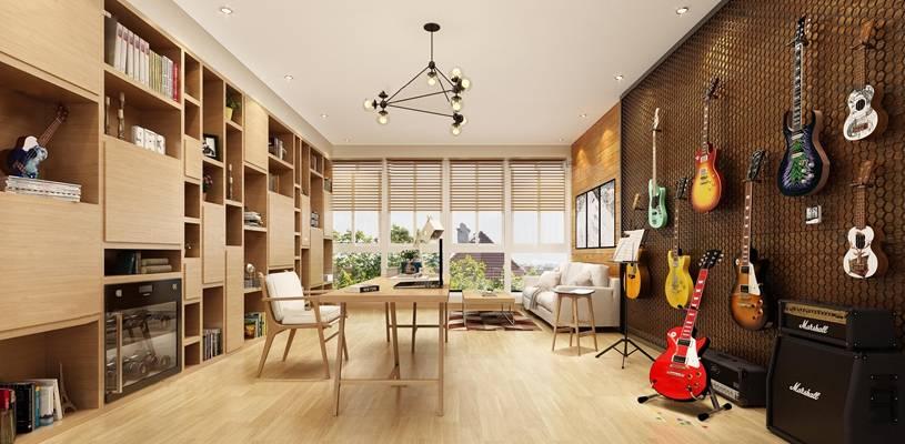 现代书房吉他装饰墙活动休闲区3d模型【id:37124976】