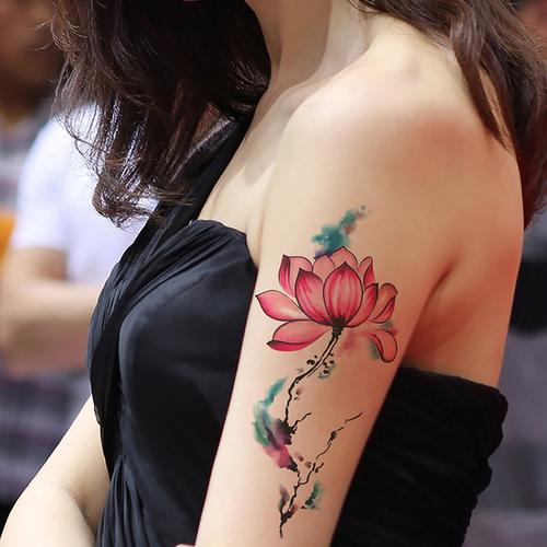 莲花逼真刺青 创意纹身贴纸女防水持久国画泼墨意境荷花身体彩绘