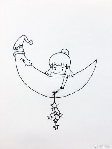 小女生晚安简笔画教程图片 小女生和月亮简笔画