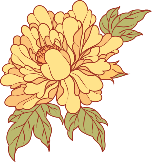 春节卡通插画节日牡丹黄花卉彩色绿国潮