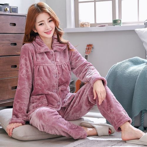 冬天睡衣女士珊瑚绒家居服加厚加绒保暖法兰绒睡衣女冬季加肥加大