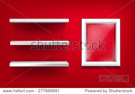 white shelves and white frame with glass on a red background