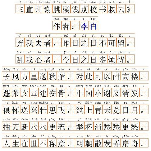 李白的宣州谢眺楼饯别校书叔云的全文拼音