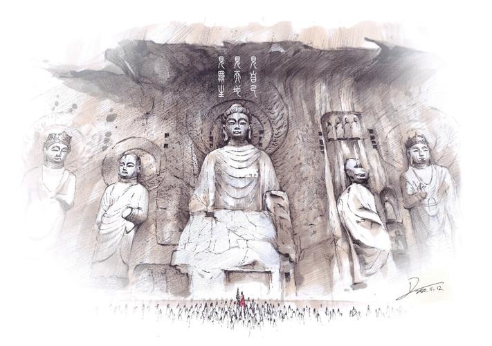 洛阳龙门石窟_龙门石窟景区_手绘_马克笔_游玩_马克笔