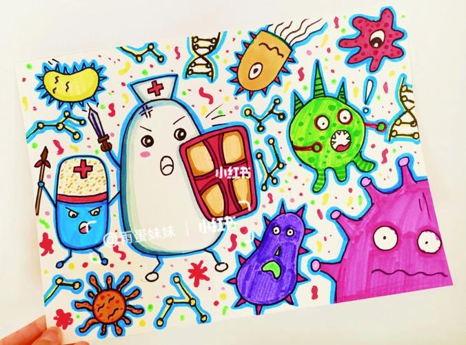 儿童简笔创意画身体细菌大作战战胜病毒病魔