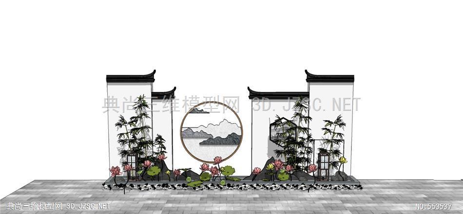 新中式庭院景观徽派建筑马头墙竹子中式月亮门片石假山景墙水池水景