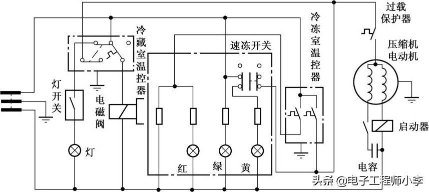电虾机电路图(普通电冰箱电路的识图方法)