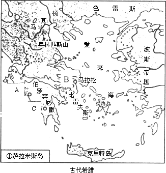 请填出《古代希腊》图中字母所代表的城邦名称.