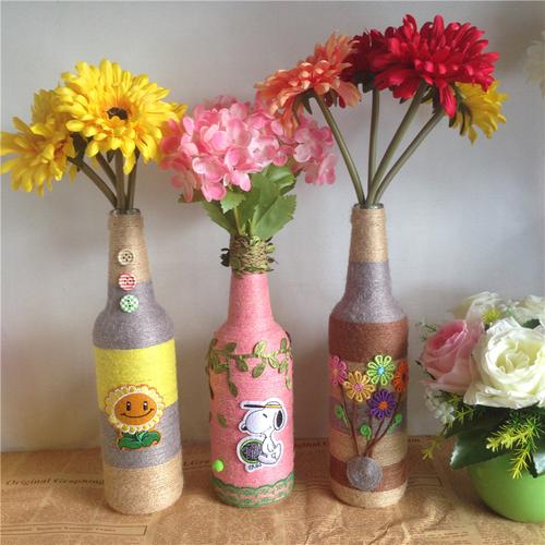 纯手工diy麻绳小玻璃花瓶家居摆件手工装饰摆件简约酒瓶废物改造
