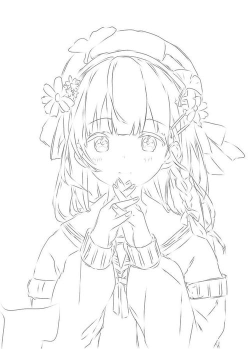 二次元动漫女生涂色线稿