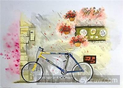 水彩画教程:教你画花与单车