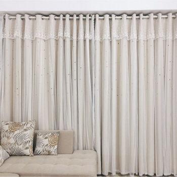 网红款成品窗帘公主风ins遮光卧室镂空星星飘窗帘免打孔安装米色菲林